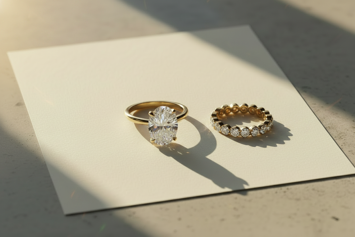 Oval solitaire and eternity band in sunlight