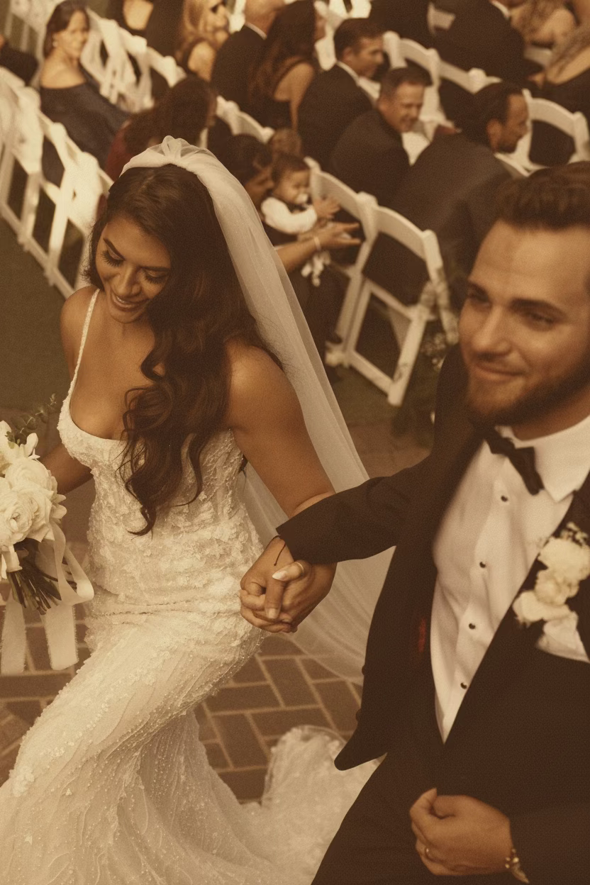 A bride and groom holding hands on their wedding day